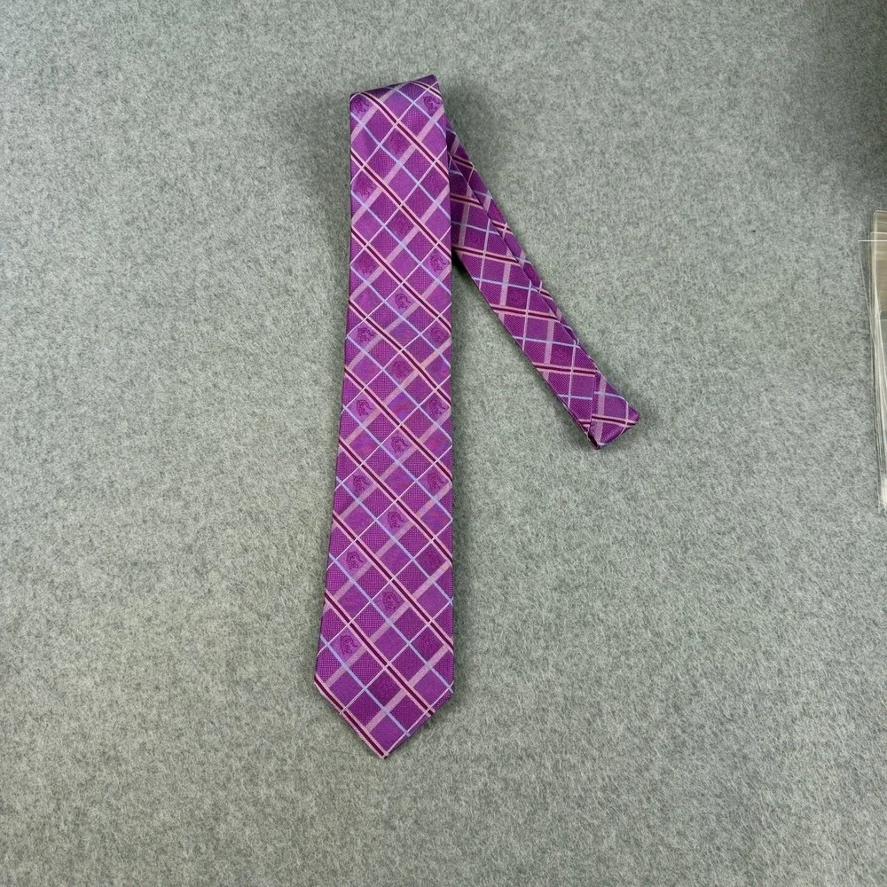 Vintage Jan Leslie Italy Silk Tie Purple Pink Plaid Woven Lizard 58x3.25
